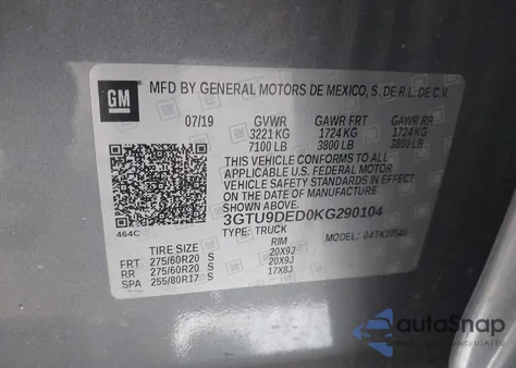2019 GMC Sierra 1500 Slt from USA, damaged, VIN 3GTU9DED0KG290104